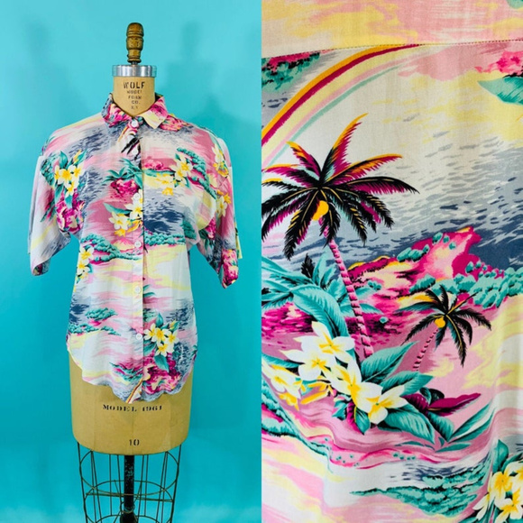 Vintage Tops - ❌ SOLD ❌ 1980s Hawaiian Pink Palm Tree Top | B 40"